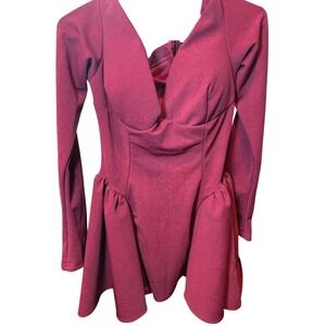 Burgundy Long Sleeve Deep V-Neck Padded Mini Dress Flare Skirt Burgundy Women L